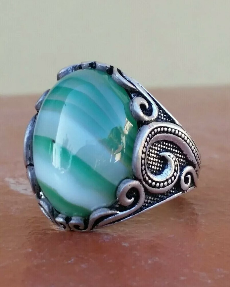 925 Silver Ring Solitaire Seal Rainbow Agate Ring Man Sterling Agate $