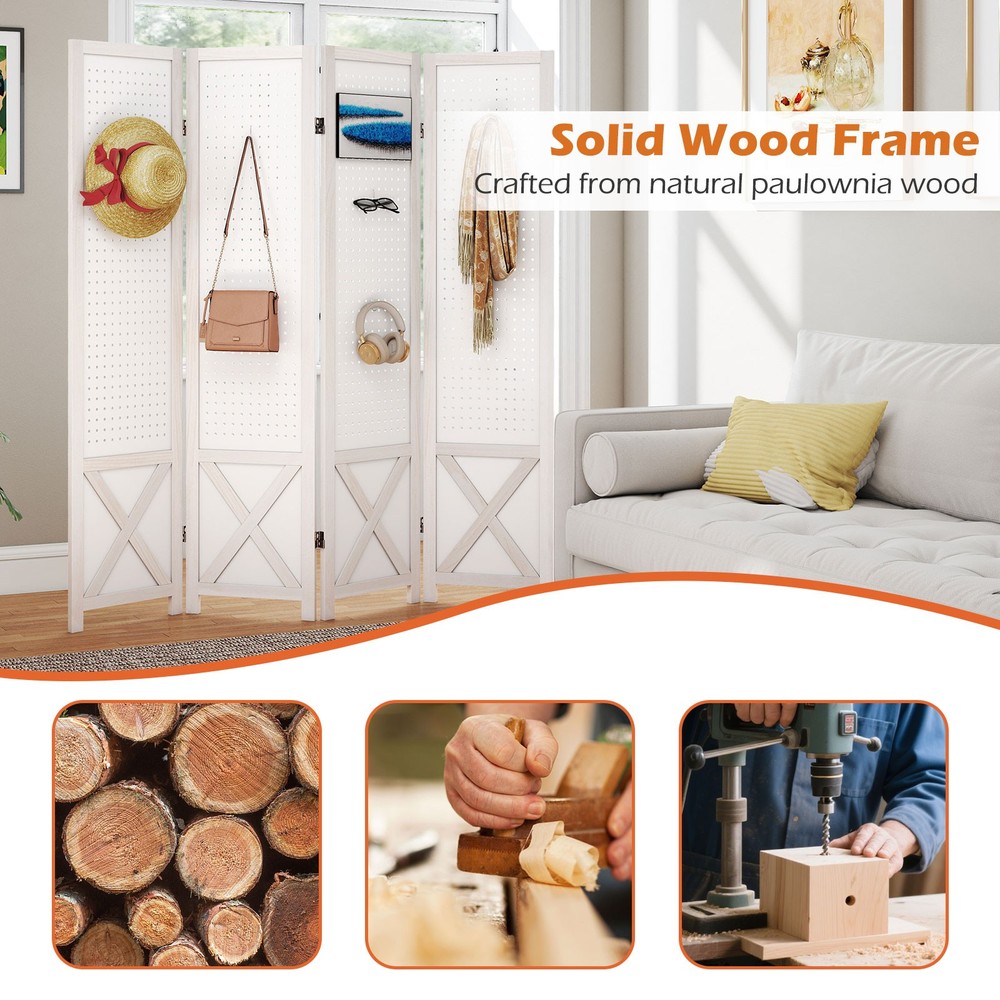 4-Panel Pegboard Room Divider, 67" Tall Foldable Privacy Screen, For Home, White