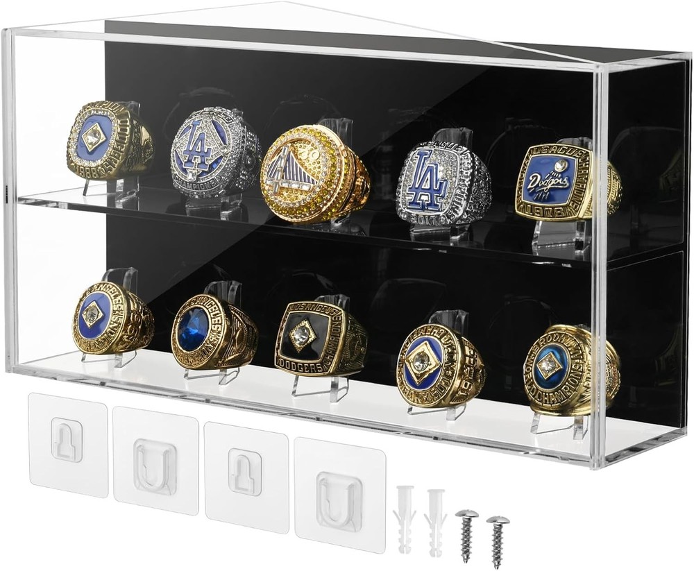 Championship Ring Display Case, 10 Slots Baseball Transparent, Black