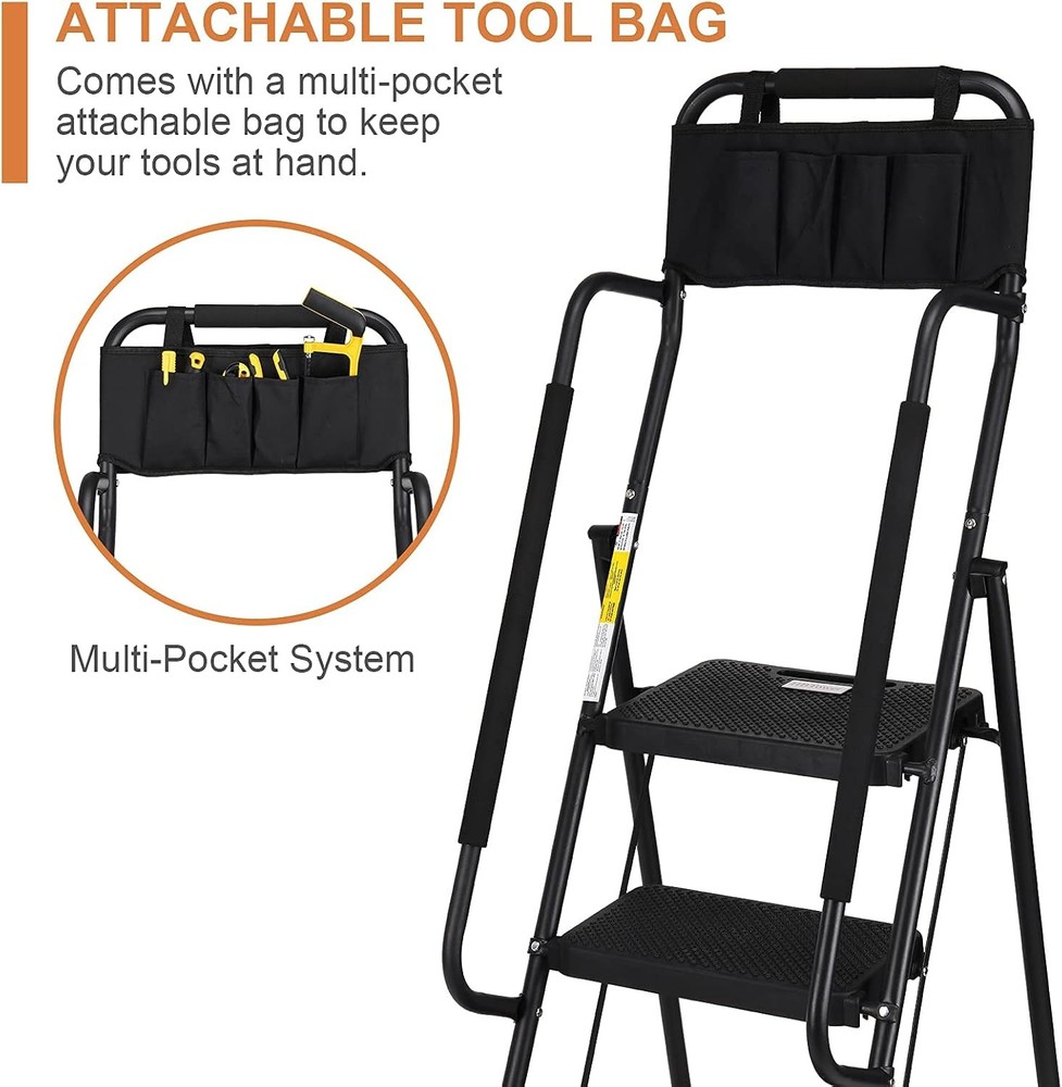 HBTower Step Ladder with Handrails, Folding Stool 4 Ladder, Black