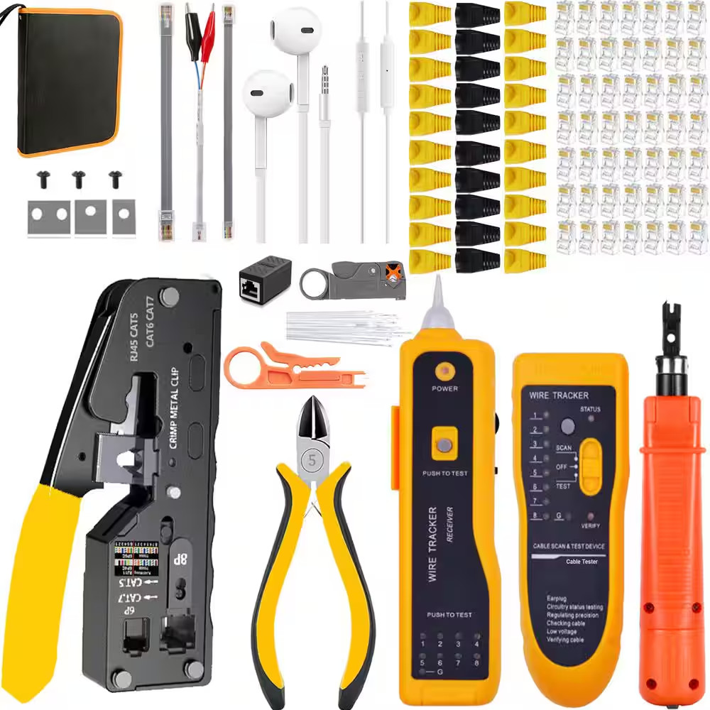 102-Piece Ethernet Crimping Tool Set with Punch down Stripper Cable Tester Conne