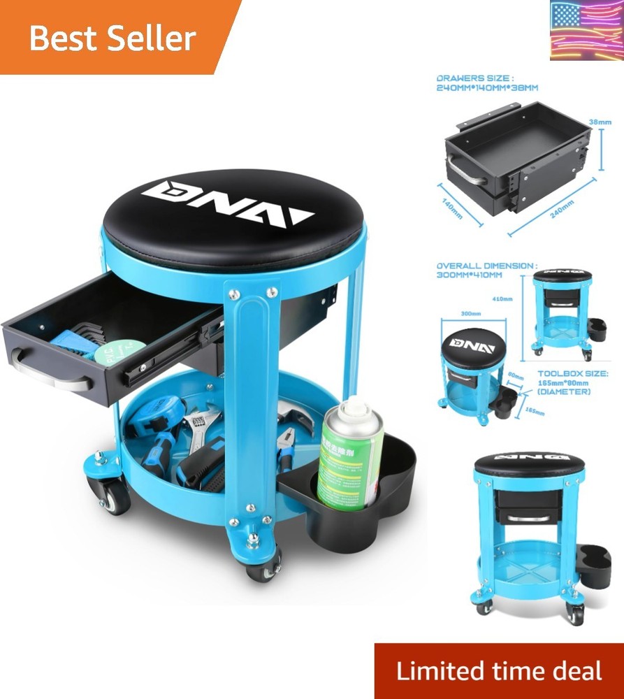 Compact Mechanics Roller Stool with Storage Drawer - 300 lbs Blue Design