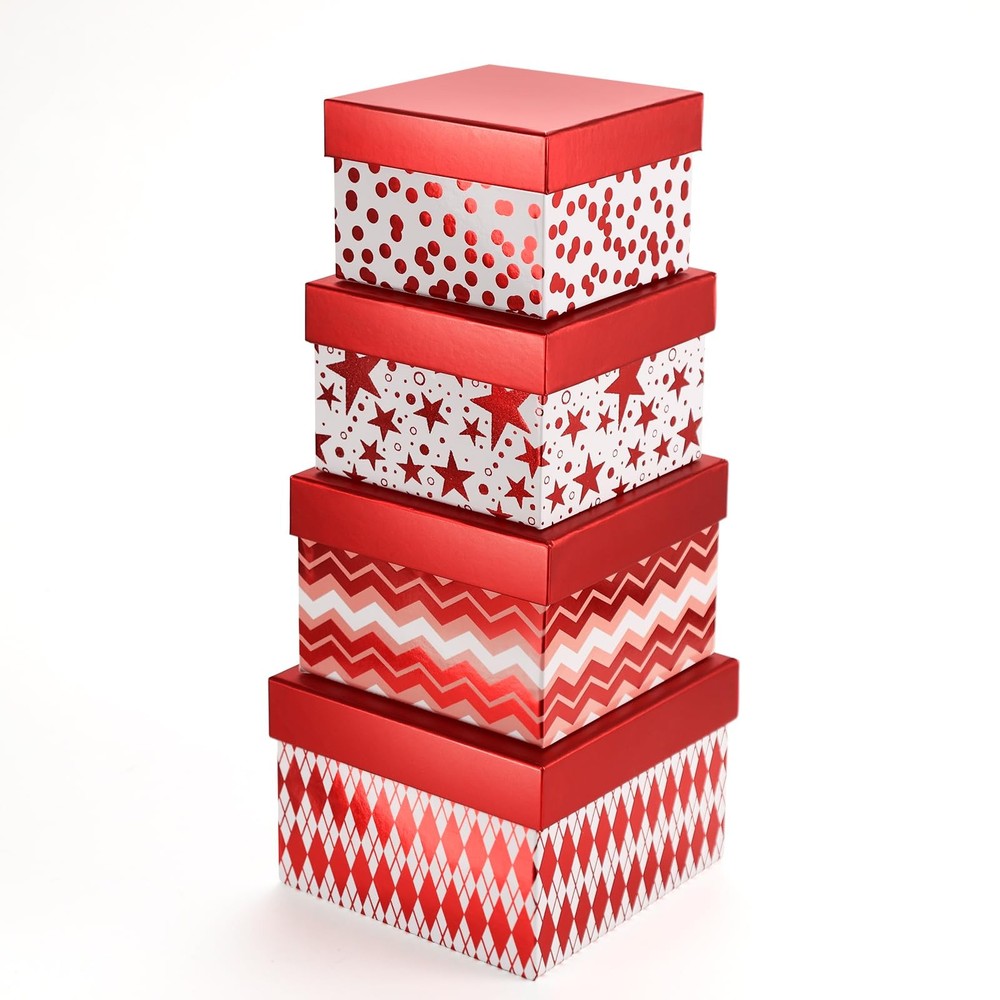 PAPER FAIR 4PCS Christmas Nesting Gift Boxes Set, Metallic Red Foil Geometry ...