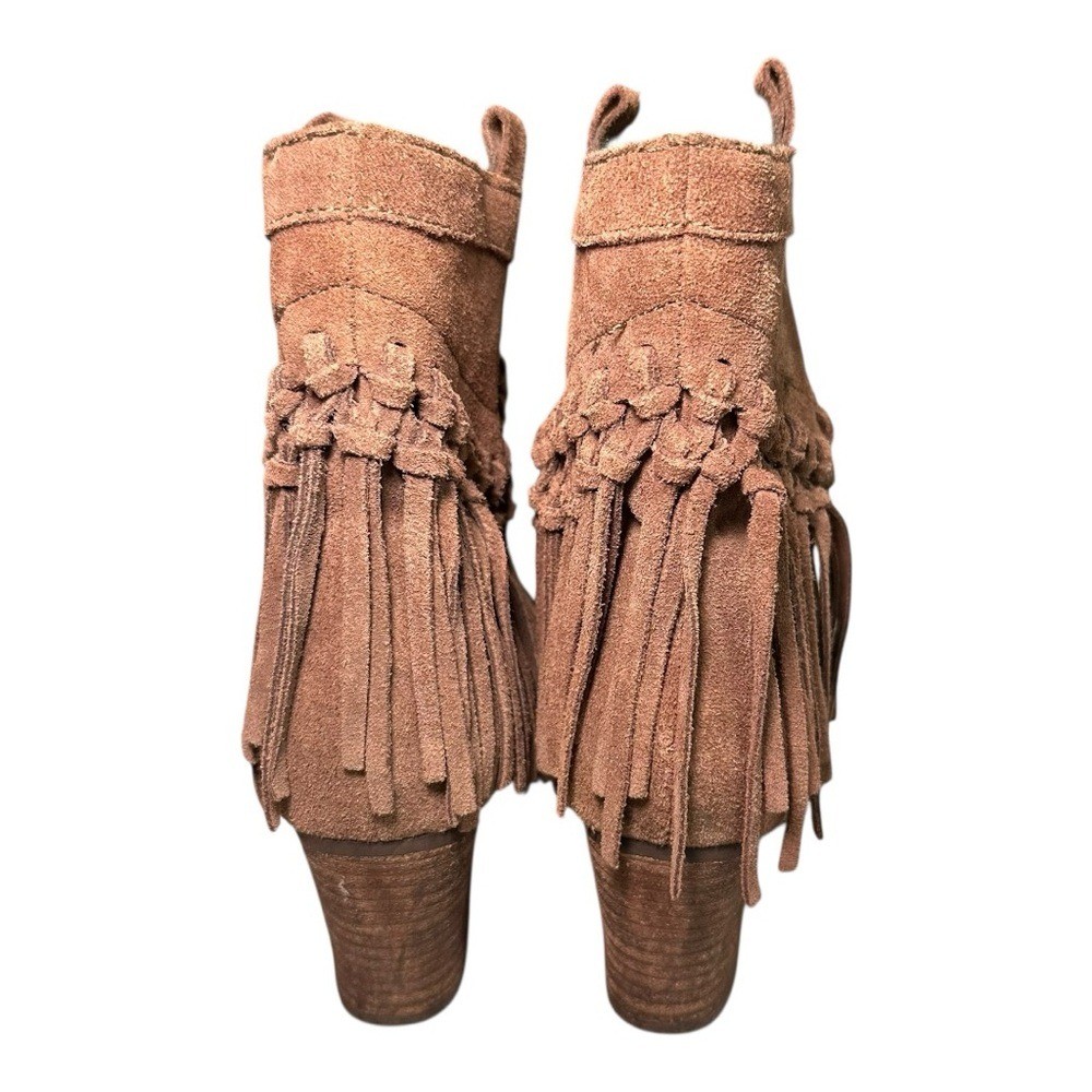 Sbicca Leather Fringe Western Booties Tan Suede Lined Pull-On Boot Size 7.5