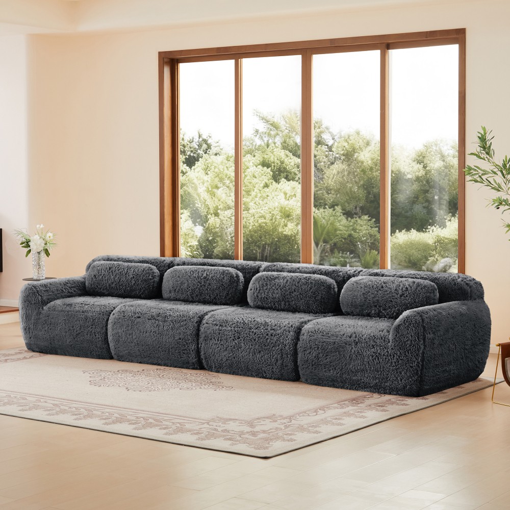 149'' Modular Plush Sofa w/Non-slip Base, Dark Grey, 32D Sponge