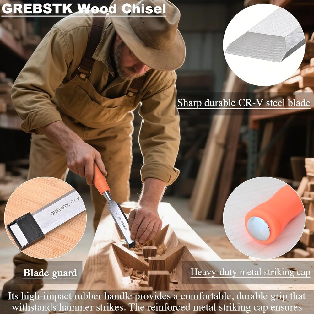 4-Piece Chisel Set with Ergonomic Handle & Blade Guards for Woodworking