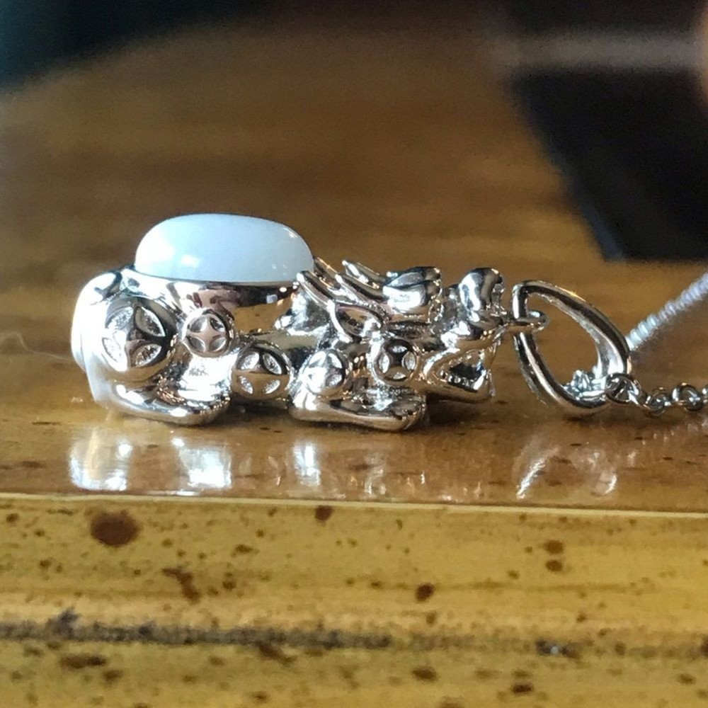 Natural White Jade Sterling Silver Dragon Pendant