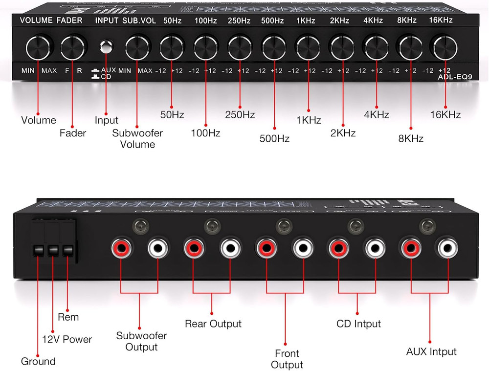 9 Band Car Audio Equalizer, Car Graphic Equalizer EQ W/Front, Rear +Sub Output,