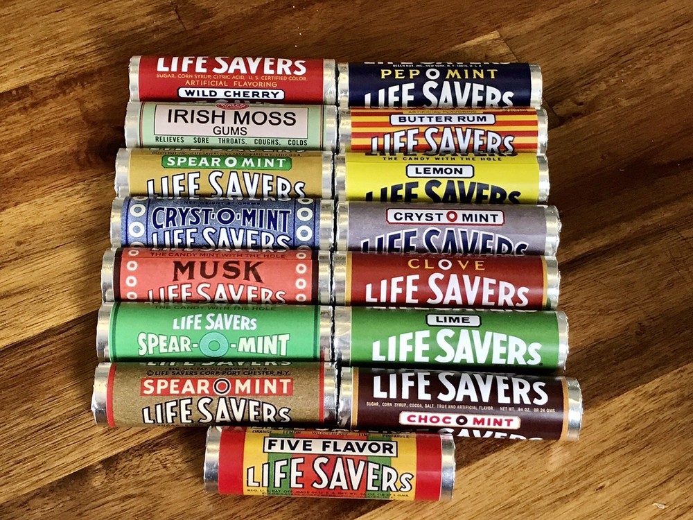 LIFE SAVERS 15 Assorted Vintage Dummy Rolls Packaging Label Display Old Milk Bar