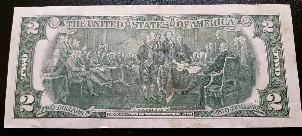 Error $2 1976 with Misaligned Treasury Seal, Raised Serial Number, Miscut Error