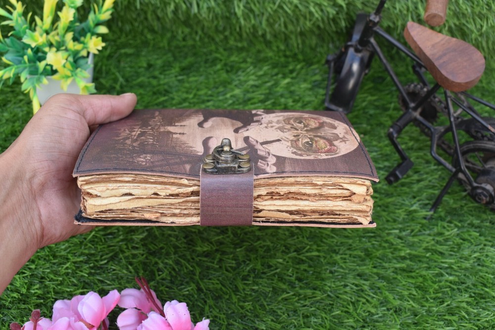 Wicca Moon Magic Witchcraft printed leather journal Deckle edge notebook 7x5"
