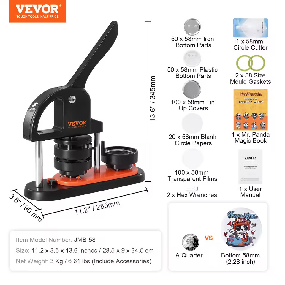 Button Maker Machine Badge Pin Machine 2.25" Press Kit Ergonomic Arc Handle