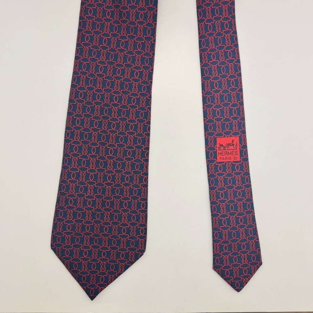 HERMES Tie Navy Red Rope Pattern 7670 TA