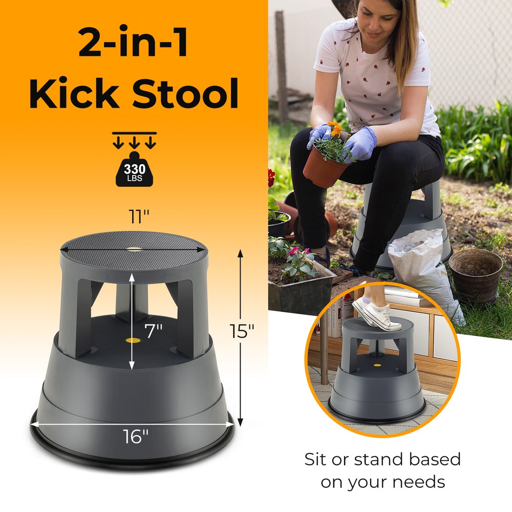 Kick Stool Rolling Step Stool w/Non-Slip Rubber Platform 330LBS Capacity Gray
