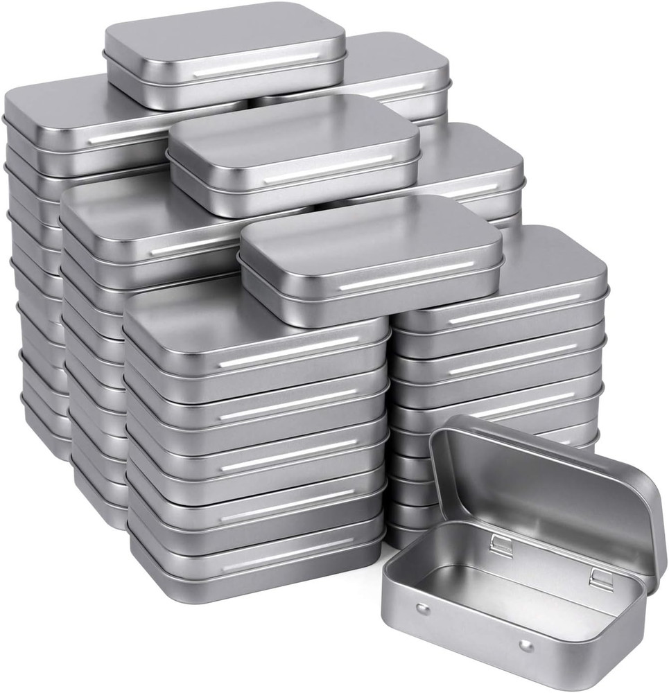 Metal Rectangular Empty Hinged Tins - Pack of 40 Silver Mini Portable Box Small