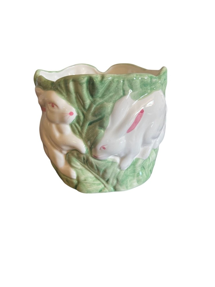 Vintage Ceramic Rabbit Planter/ candy dish  cabbage Leaf C pic 4 easter decor