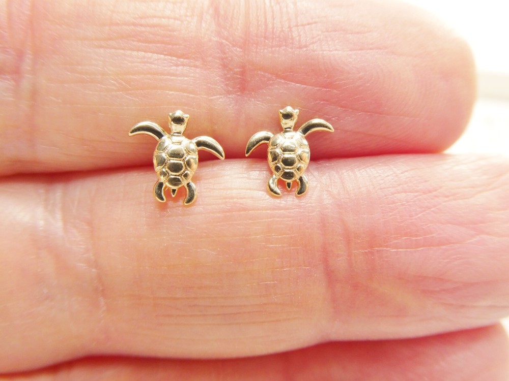10K REAL SOLID YELLOW GOLD TURTLE SCREW BACK POST EARRINGS