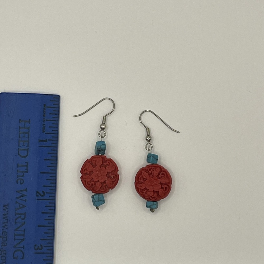 Cinnabar And Turquoise Dangle Earrings