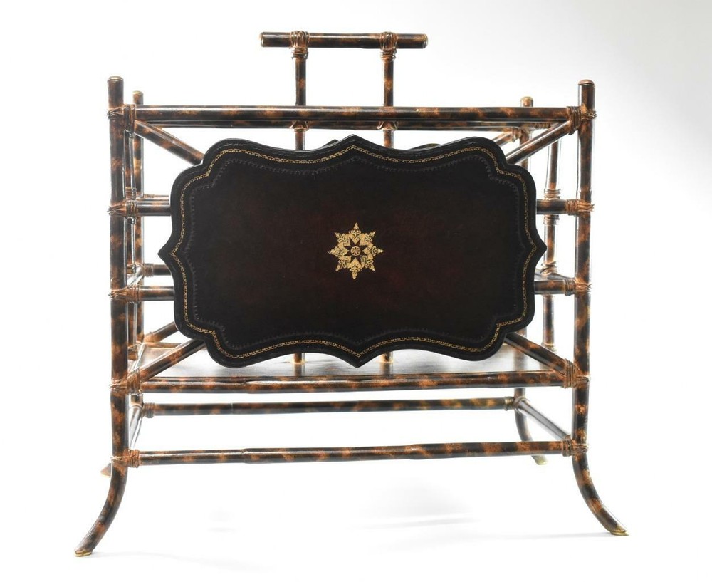 Faux Bamboo & Tooled Leather Magazine Rack Maitland Smith