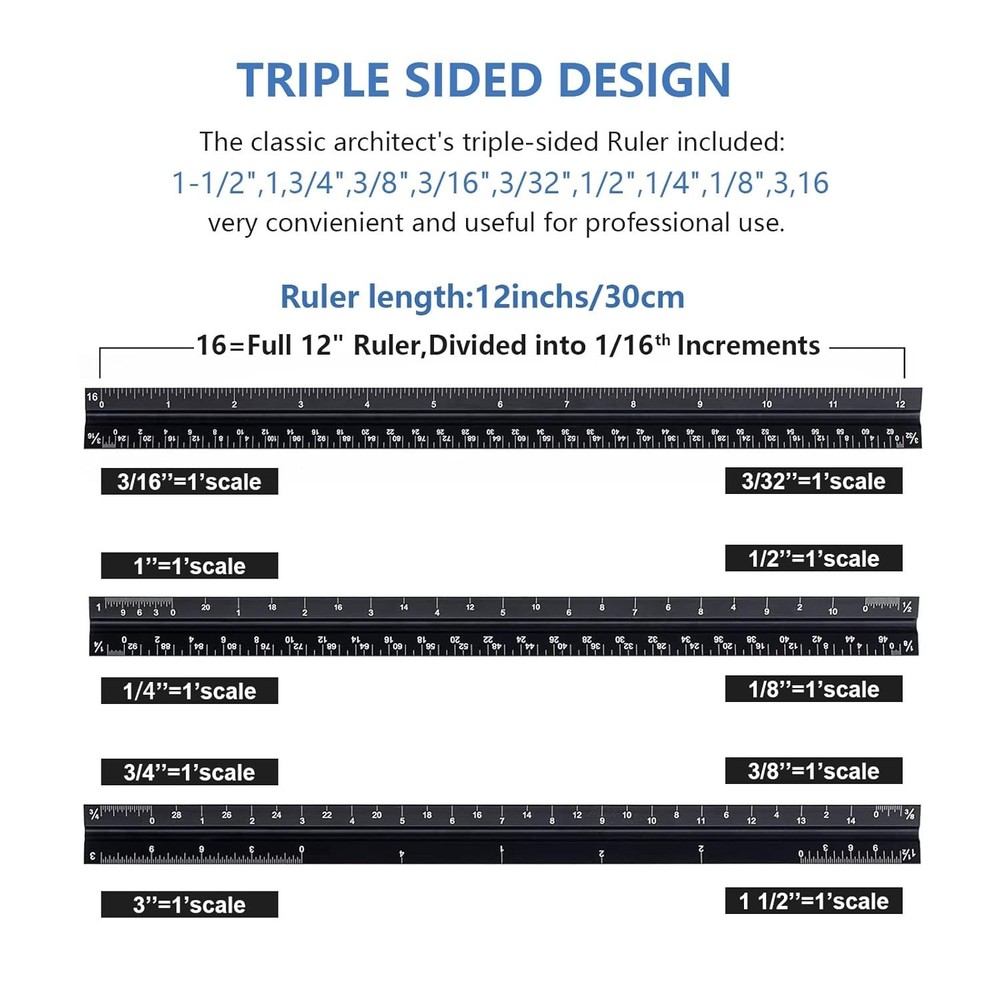 Architectural Engineering Scale Ruler Set Aluminum 12 Black Triangular Drafting
