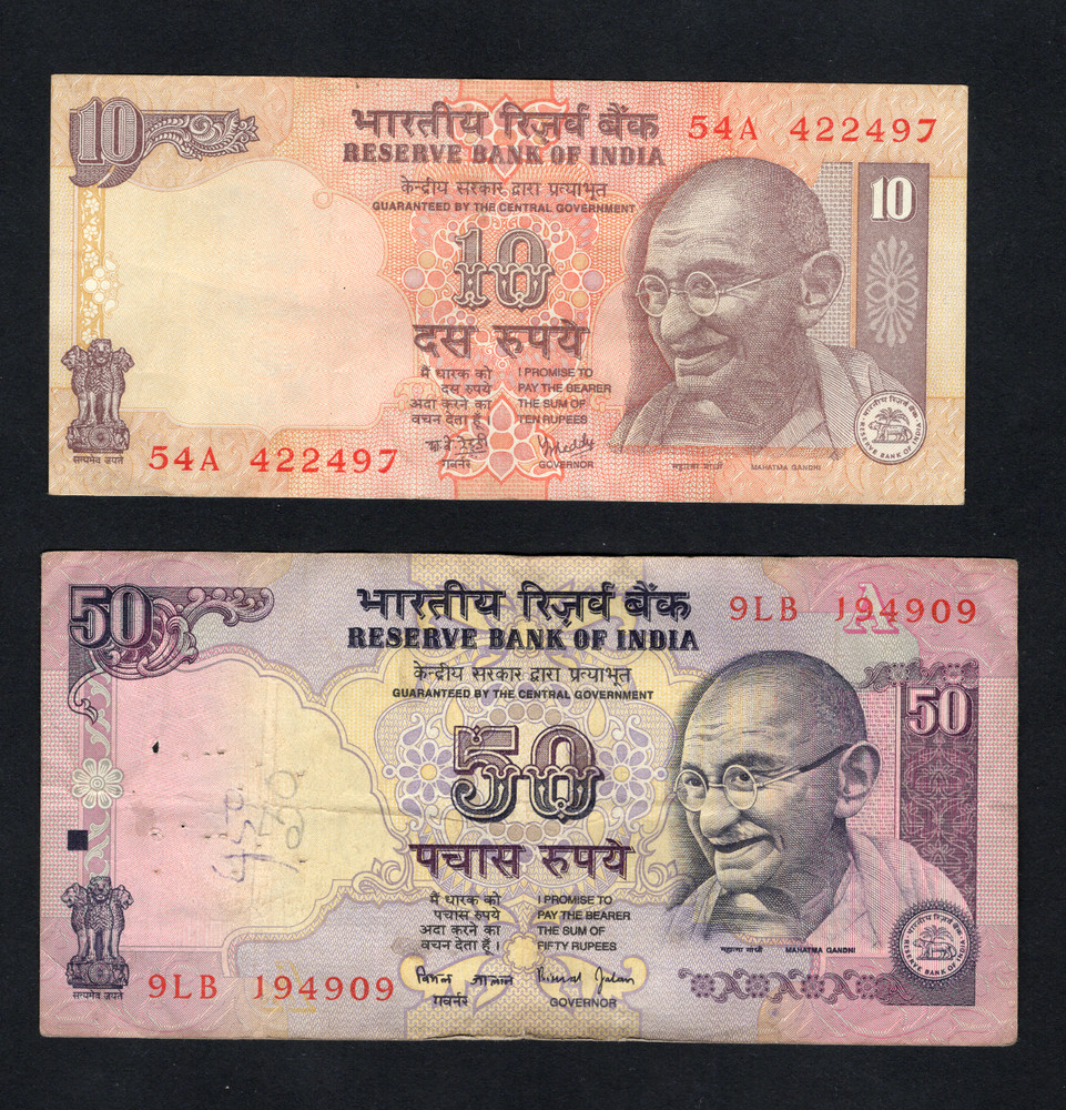 INDIA 50 & 10 RUPEES  USED /S1