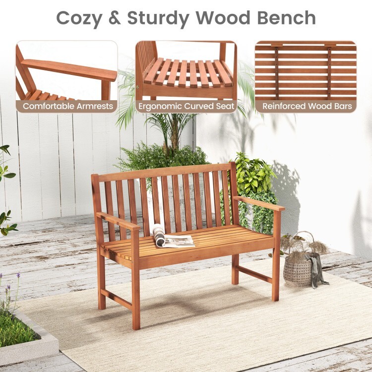 2-Seat Patio Solid Eucalyptus Wood Bench w/ Comfortable Armrest Slatted Backrest