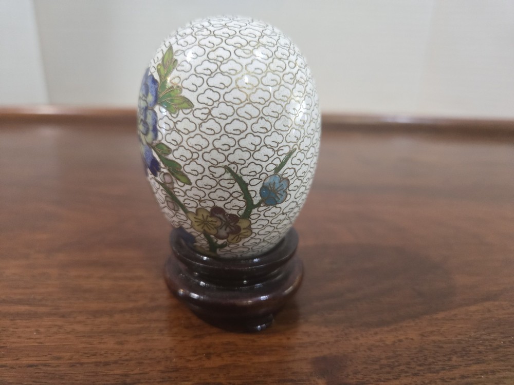 Small Cloisonne Enamel Egg with Wooden Stand, 3”Tall, Blue Flower Pattern