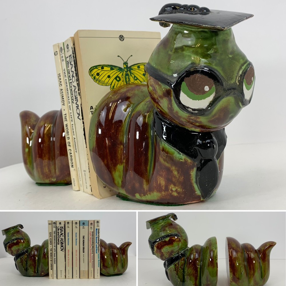 Vintage Mid Century Bookends Bookworm Green Brown  Ceramic Boho