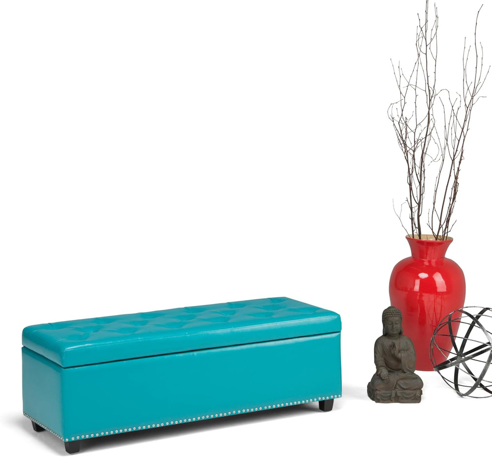 Hamilton 48" Transitional Rectangle Ottoman in Mediterranean Blue Faux Leather
