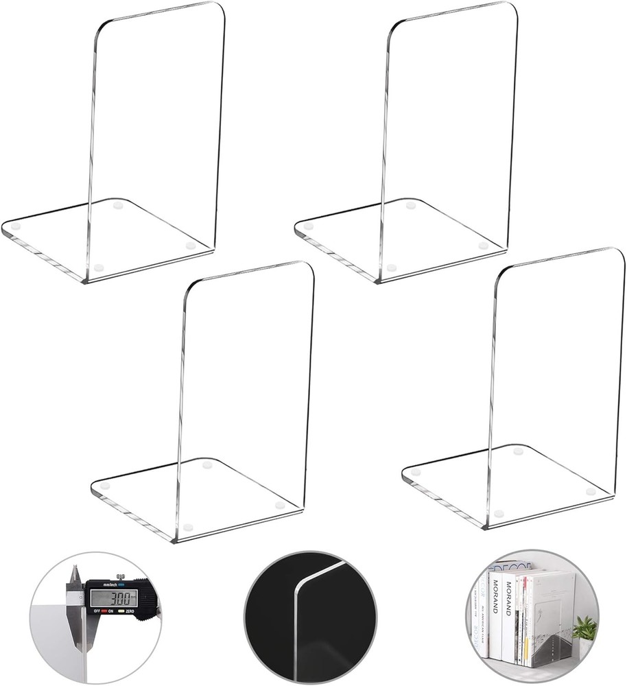 Clear Acrylic Bookends, 4-Pack for Organized Shelves