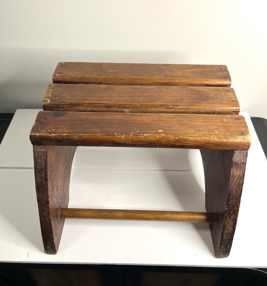 Vintage Handcrafted Oak Wood Step Stool Primitive Distressed Solid Foot Bench