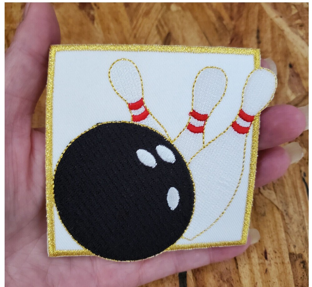 BOWLING PATCH ~ Generous 3.25" Square Embroidered Bowling Iron On Patch