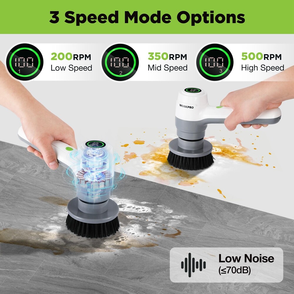 WORKPRO 8V Electric Spin Scrubber 3-Speed Adjustable Shower Scrubber with 6 Head