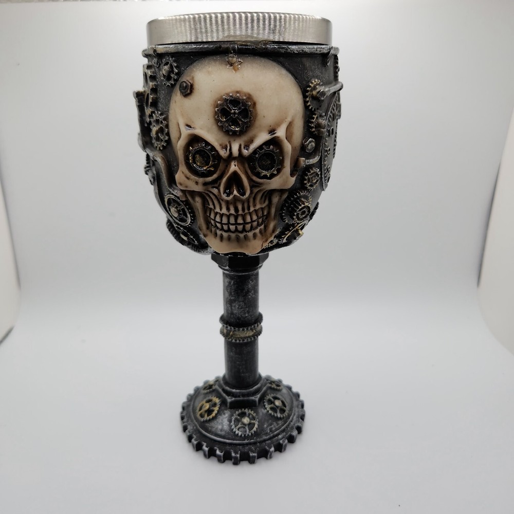 Steampunk Mechanical Gearwork Skull Face Wine Goblet 7.5”