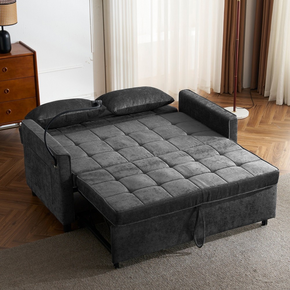 56.9'' Convertible Sleeper Sofa Bed Loveseat Sofa with Pull Out Bed & USB Ports