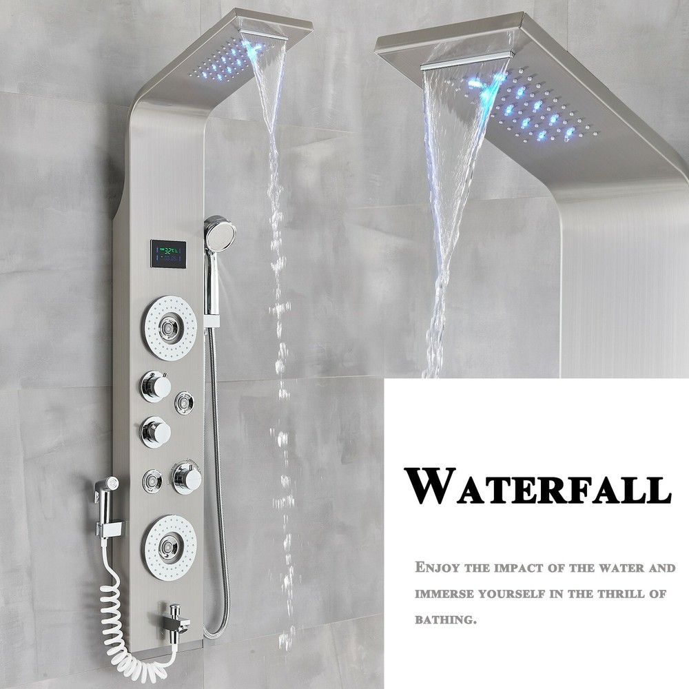 Stainless Steel Rainfall Waterfall LED Shower Panel Tower Massage Spray System