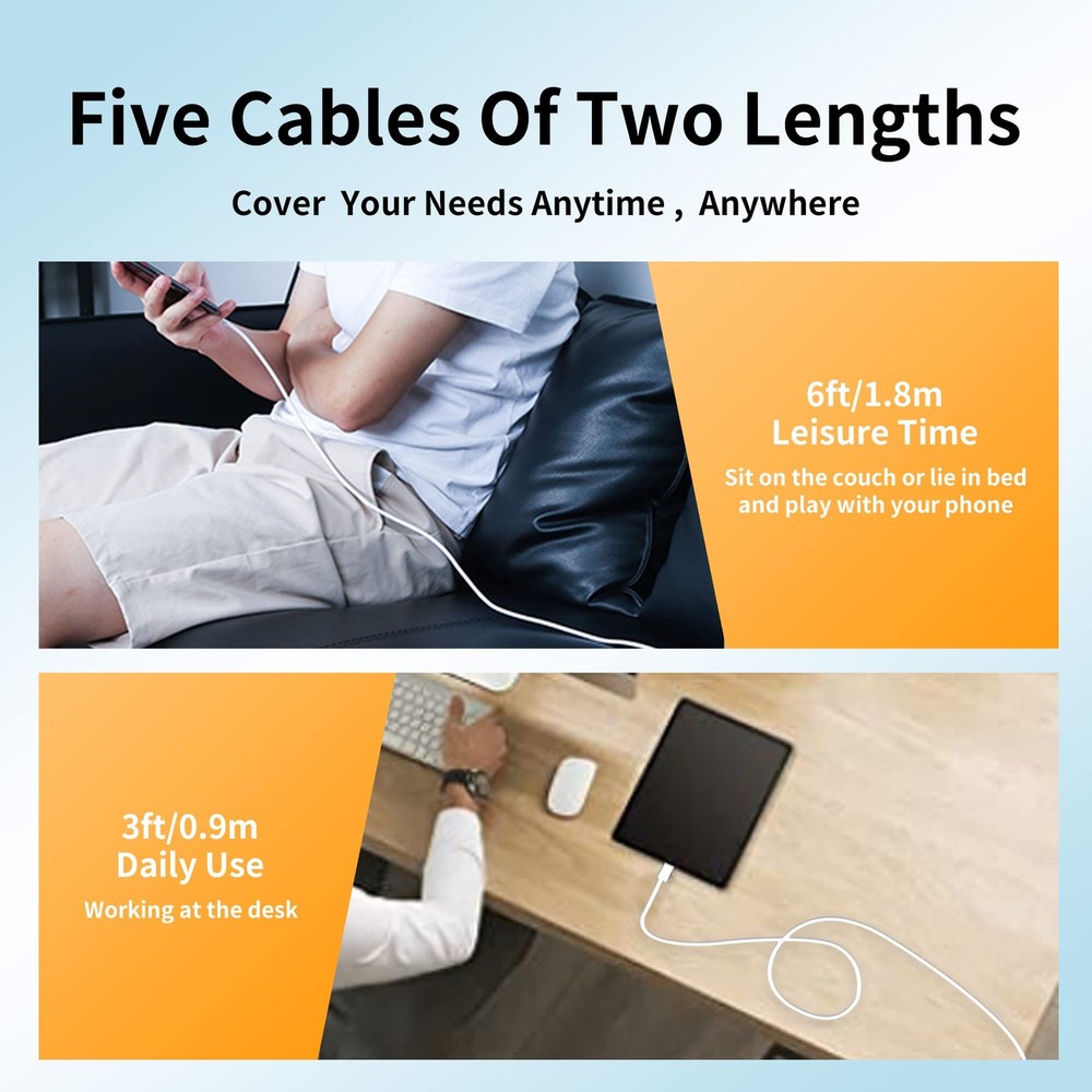 Hrbzo USB C Cable (5-Pack 3.3 ft, 6 6 white