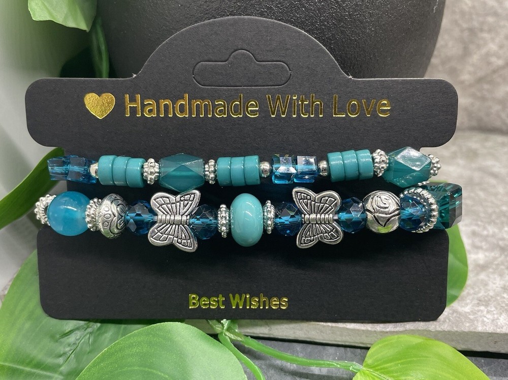 2 PC Handmade Beaded  Boho 7” Plus Stretch Charm Bracelet Set Butterfly B3878