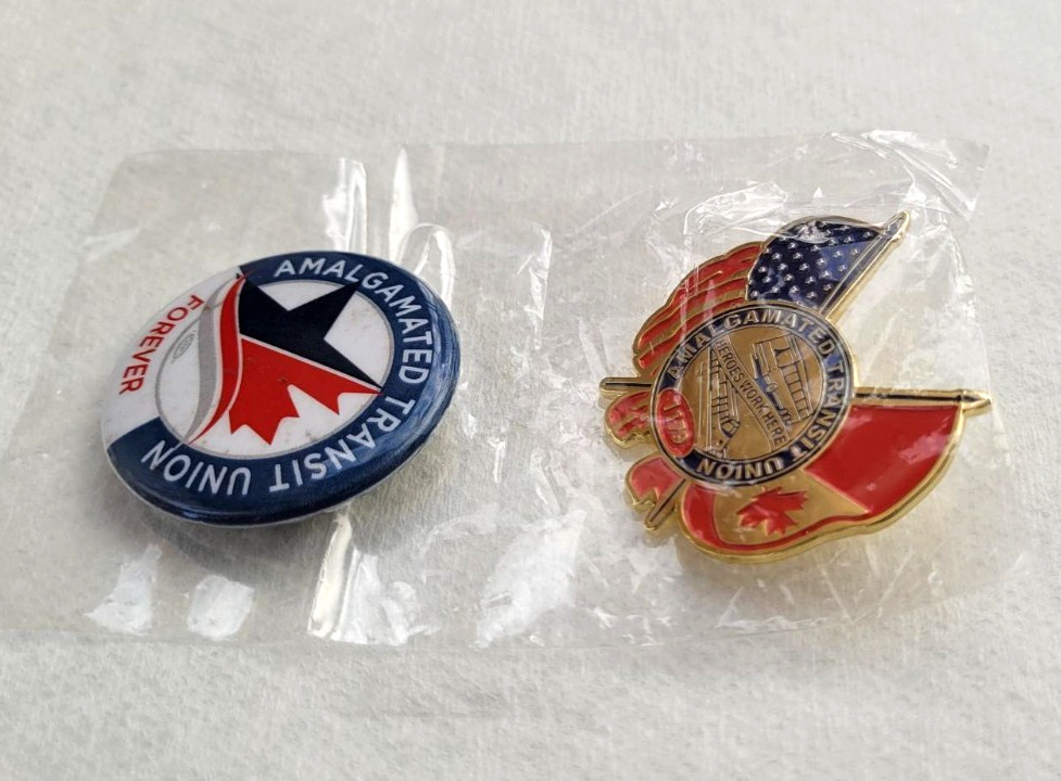 Amalgamated Transit Union 1179 Pin & Button US Canada Flag ~ Heroes Work Here