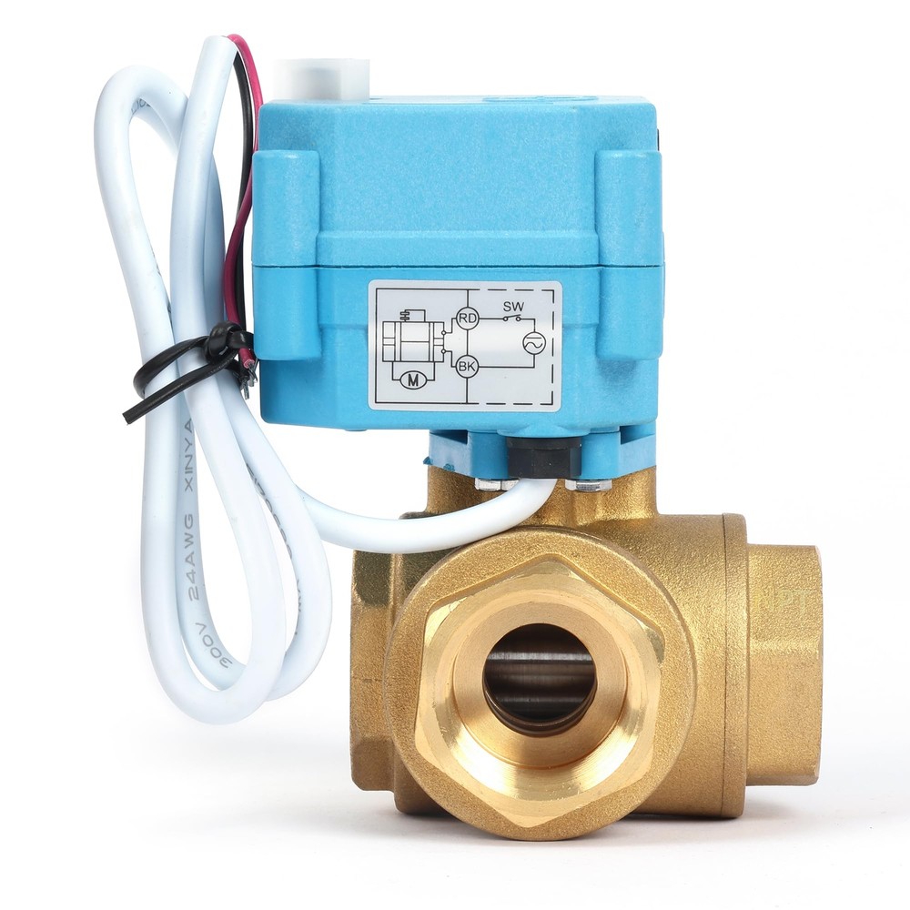 U. S. Solid 3 Way T Type Motorized Ball Valve 3/4in Brass 9-24V Manual Function
