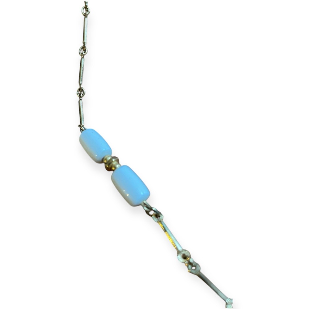 Direction One 32” Silver Tone Necklace White Beads Modern Minimalist Boho Layer