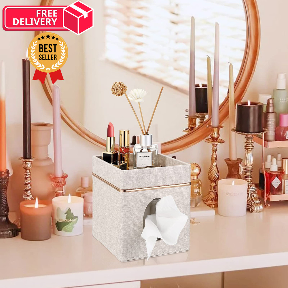 Sumnacon Linen Square Tissue Box Cover - Decorative Cube Beige