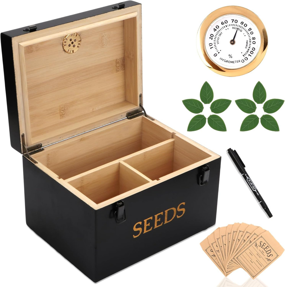 Bamboo Seed Storage Box with Hygrometer and Airtight Double-Layer Lid