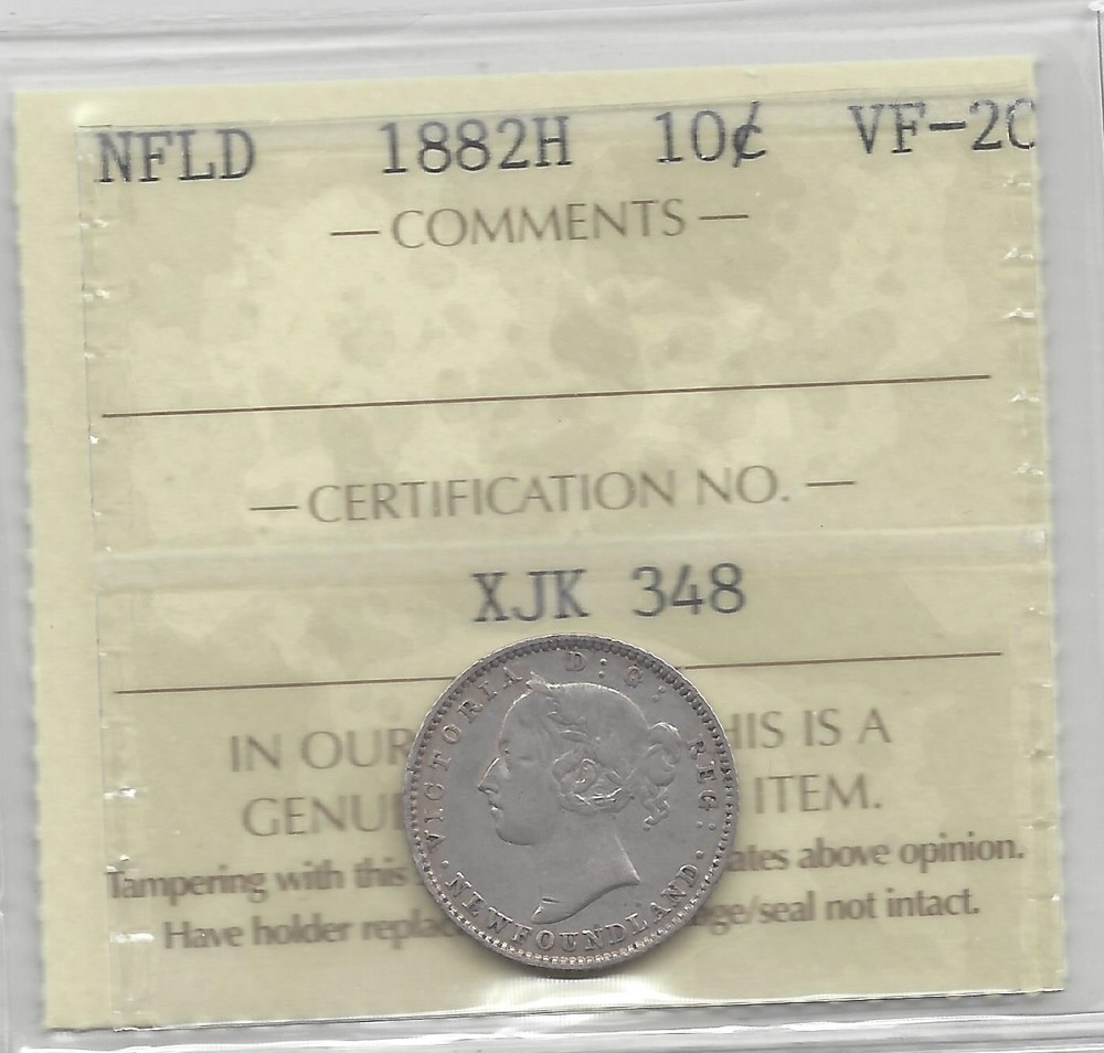 1882H  ICCS Graded Newfoundland Ten Cent **VF-20**