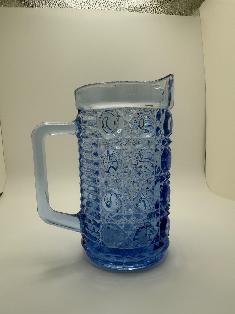 Vintage Windsor Blue Crystal Button & Cane Pint Pitcher 6”