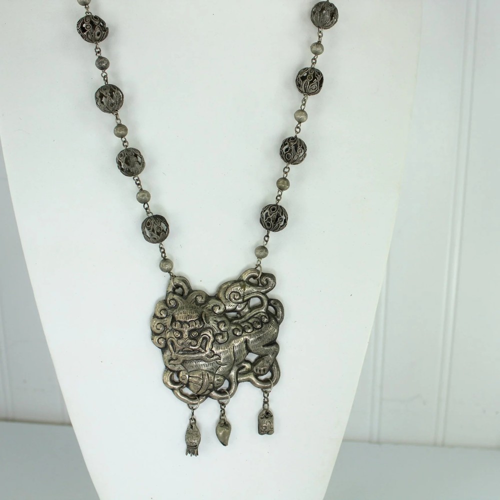 Silver Foo Dog Long Necklace Open Work Bead Intricate Chain Ethnic Origin