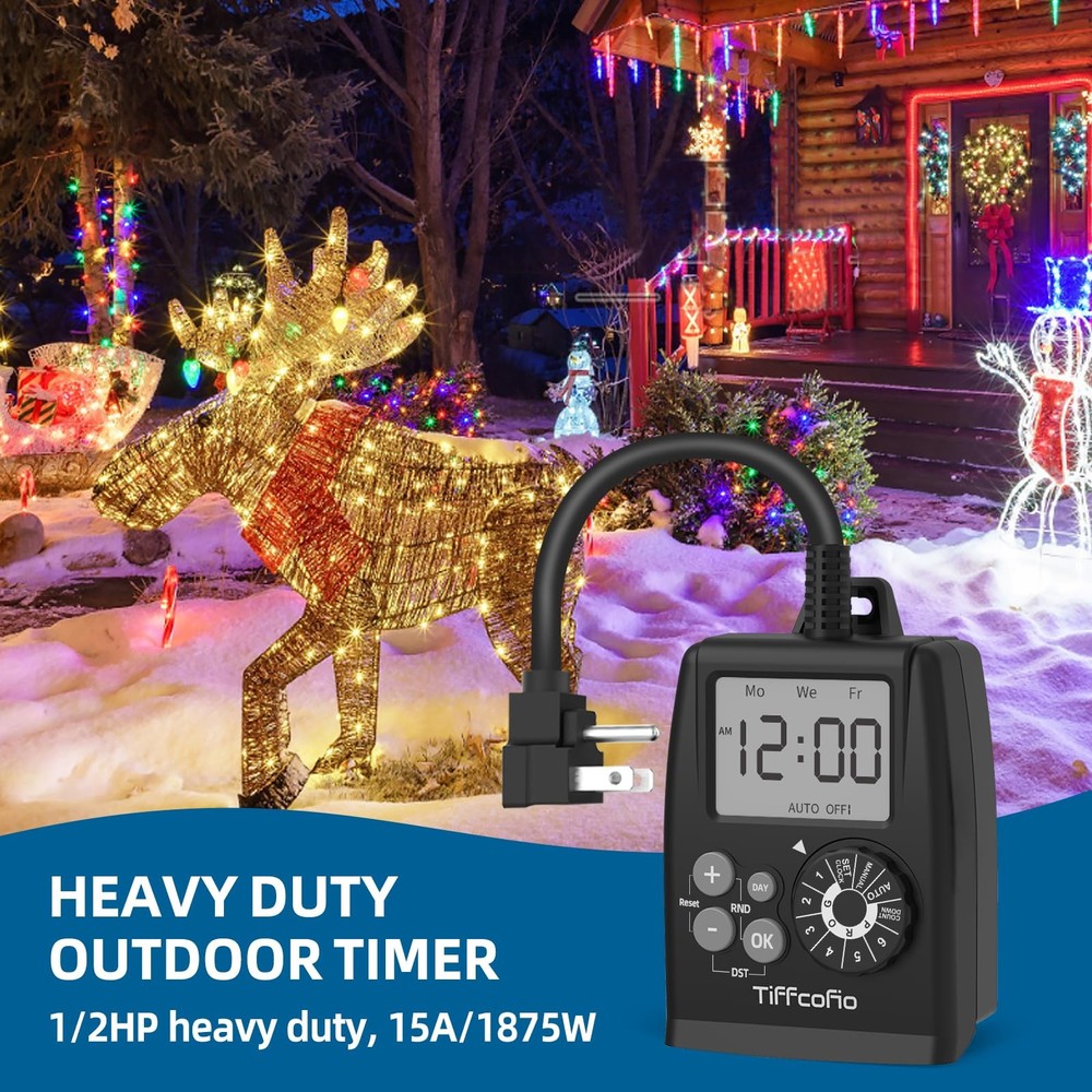 TiFFCOFiO Digital Outdoor Timer Outlet, Dial Programmable 1 PACK, Black