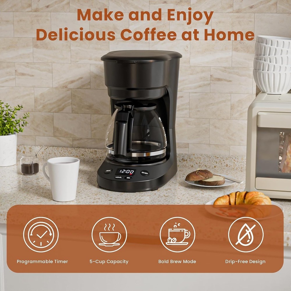 5 Cup Drip Coffee Maker, Portable Coffee Machine with Programmable Timer, Cof...