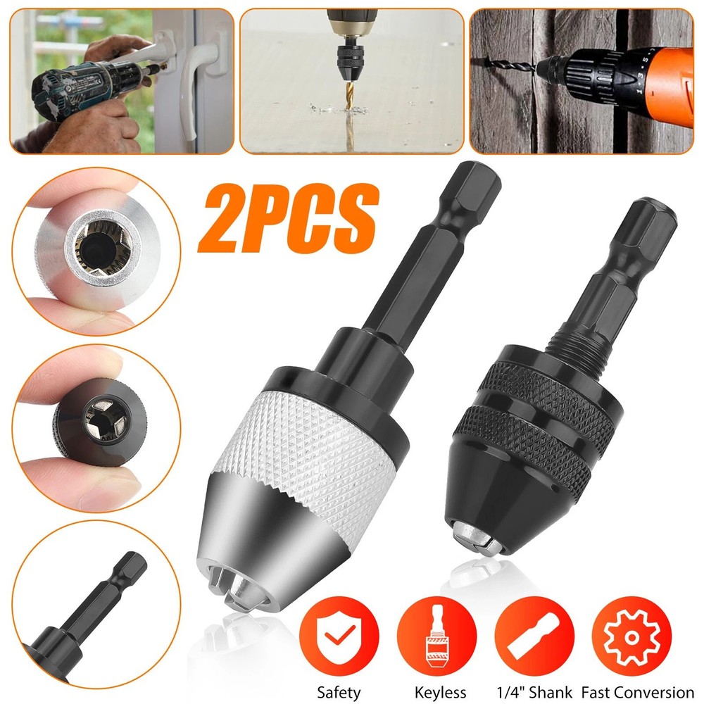 2x Keyless Chuck Adapter 1/4" Hex Shank Durable For Power Tools Quick Change