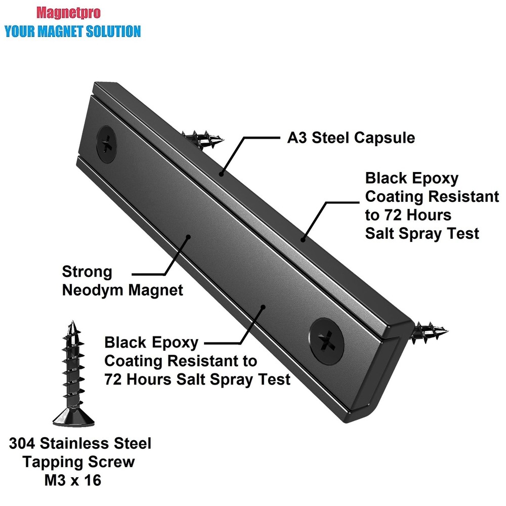 Rectangular Magnets 80 LBS Force Size 2.36" x 0.53" x 0.20" Black Epoxy Coati...